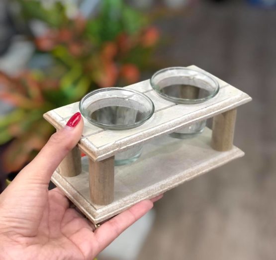 Candelabro vidrio x2 base madera