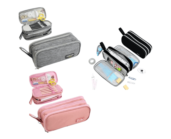 Cartuchera 3 divisiones gris/negra/rosa