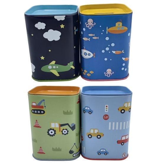 Alcancia lata rectangular con diseños