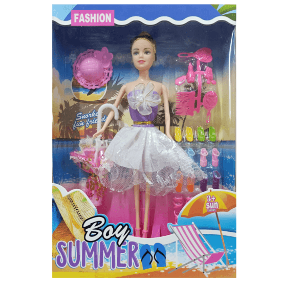 Muñeca con paraguas y zapatos en caja