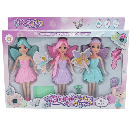 Muñeca hada x3 con accesorios en caja