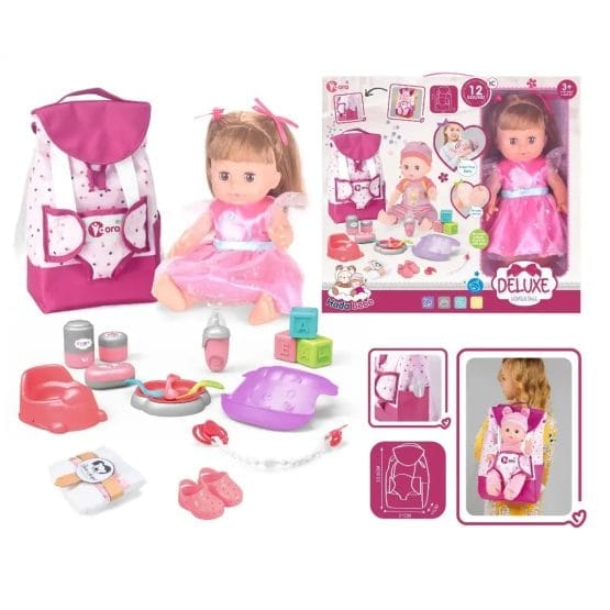 Muñeca con mochila y accesorios