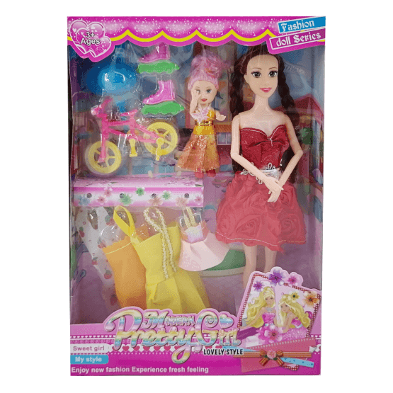 Muñeca art con 3 vestidos e hija en bici