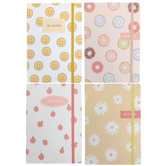 Cuaderno a5 con elastico varios diseños flores/emojis