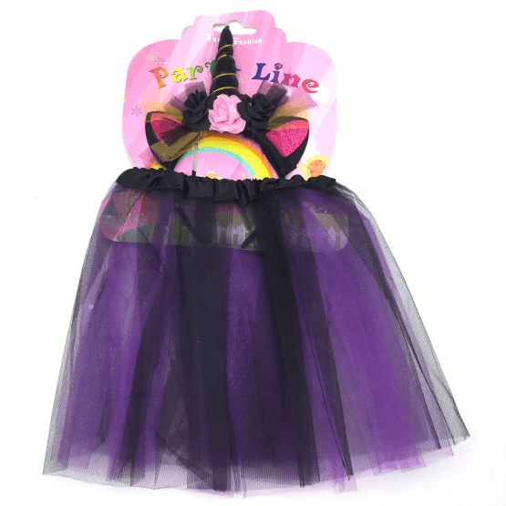 Disfraz pollera con tiara unicornio lila y negro