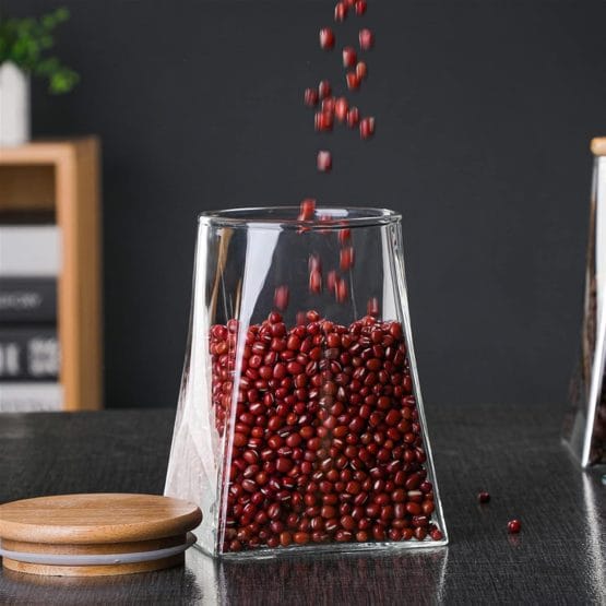 Frasco de vidrio c/tapa de bambu 500ml base cuadrada