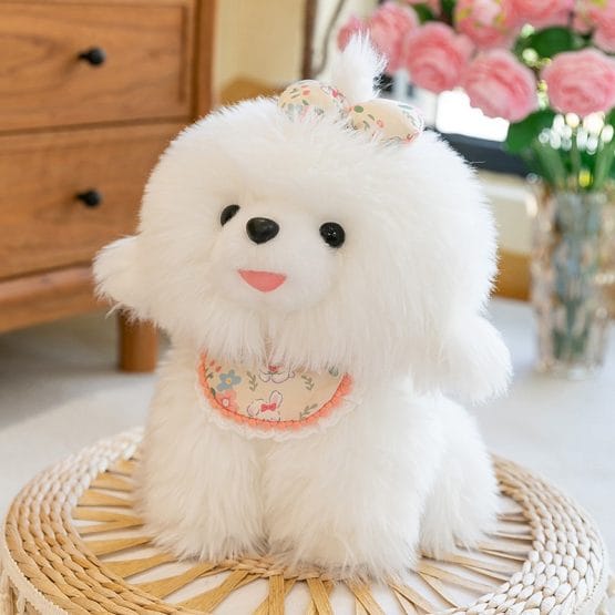Peluche perrito blanco con moño 33 cm.
