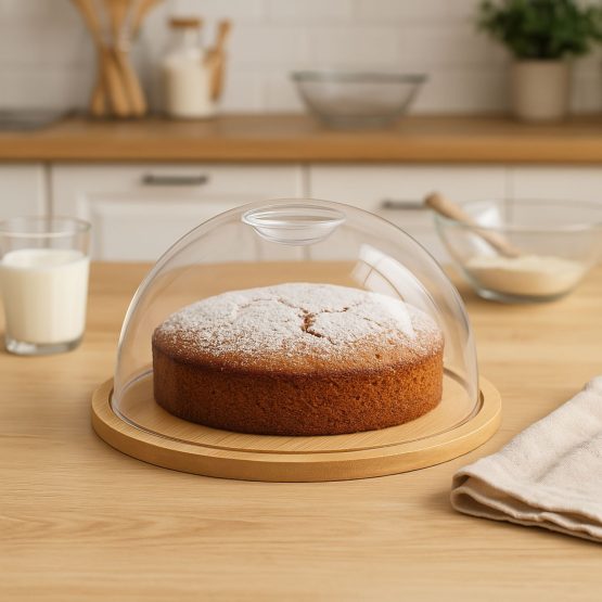 Cubre tortas de acrilico con plato bambu