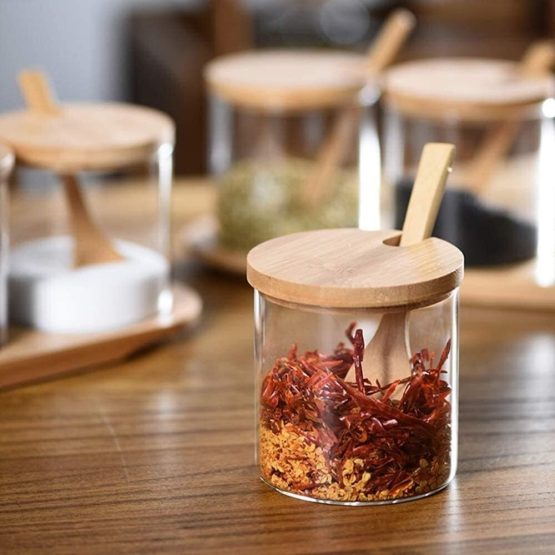 Frasco de vidrio y bambu con cuchara 8×8 cm