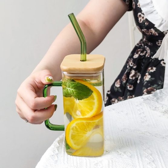 Jarrito con sorbito 400ml vidrio y bambu