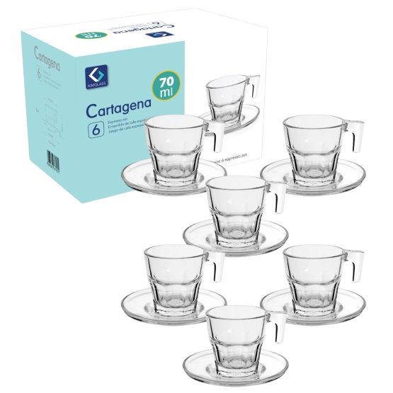 Taza de vidrio con plato 70ml x6
