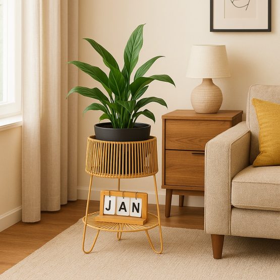 Macetero de pie de metal y ratan 27/35×50 cm