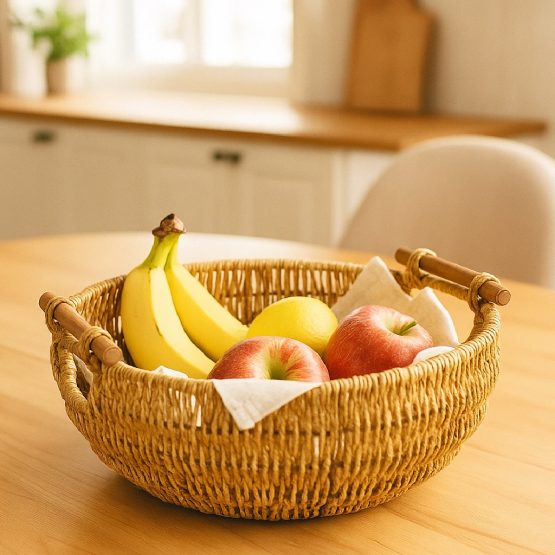 Cesto redondo con asas simil ratan 30×12 cm