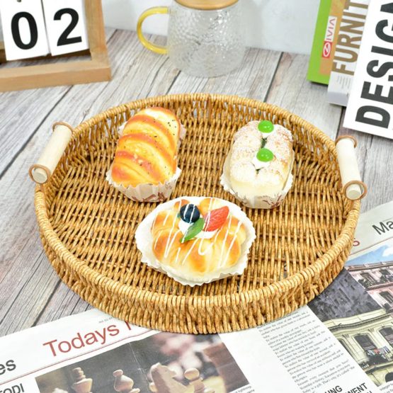 Bandeja ratan con asas madera grande 28×3 cm