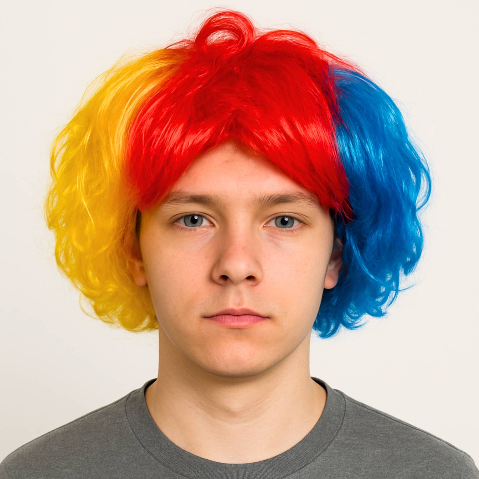 Peluca corta tres colores rojo, azul y amarillo