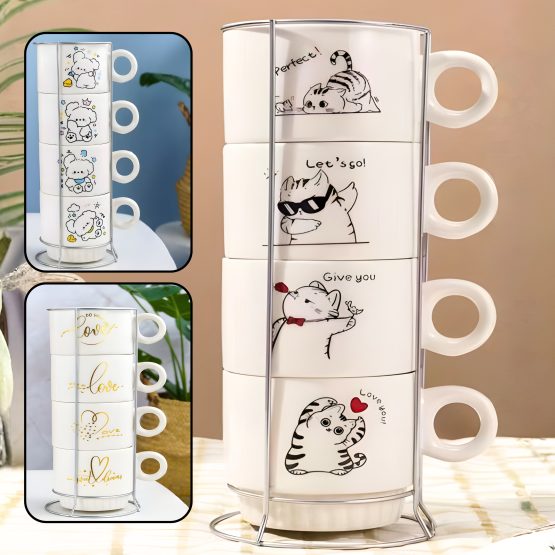 Juego 4 tazas diseño gatitos 250ml con soporte