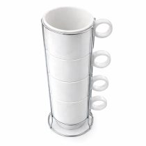 Juego 4 tazas ceramica blanca con soporte 8.2×7.5 cm