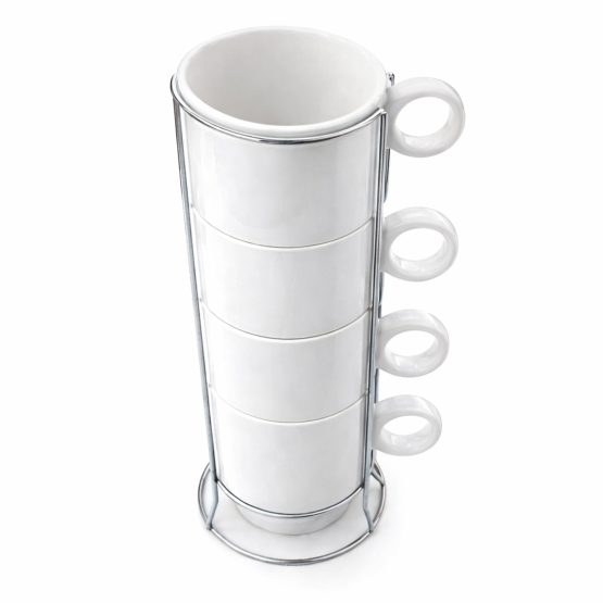 Juego 4 tazas ceramica blanca con soporte 8.2×7.5 cm