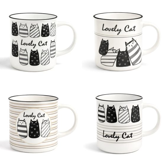 Taza ceramica diseño gatos varias blanco y negro 310ml