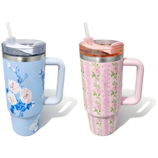 Vaso termico con sorbito pastel floreado 1200ml