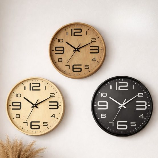 Reloj de pared 30cm numeros irregulares estilo madera 3 colores