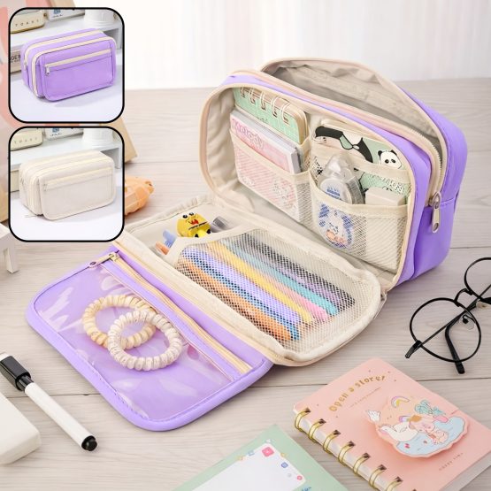 Cartuchera lisa 3 cierres rosa/lila 32x13x8 cm