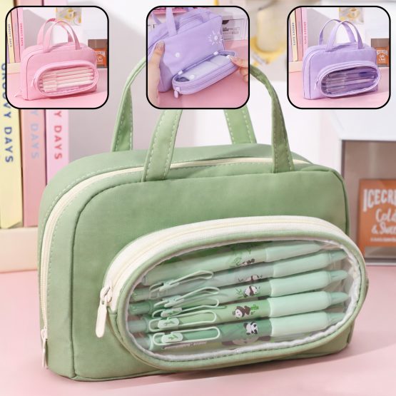 Cartuchera bolsillo transparente manija 20x13x6 cm