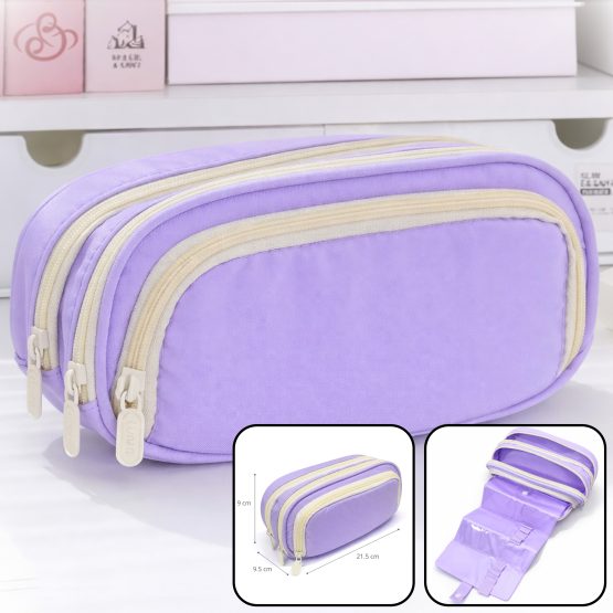 Cartuchera 3 cierres lila 21.5x9x9.5 cm