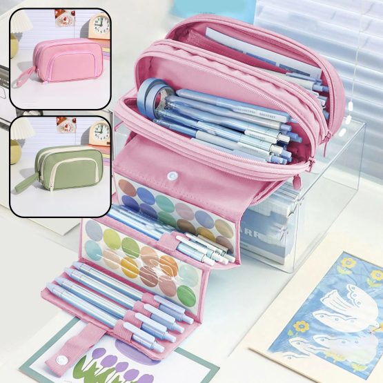 Cartuchera 3 cierres con correa verde/rosa 23x13x9 cm