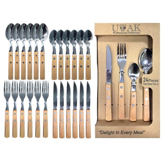 Cubiertos mango madera 24 piezas en caja