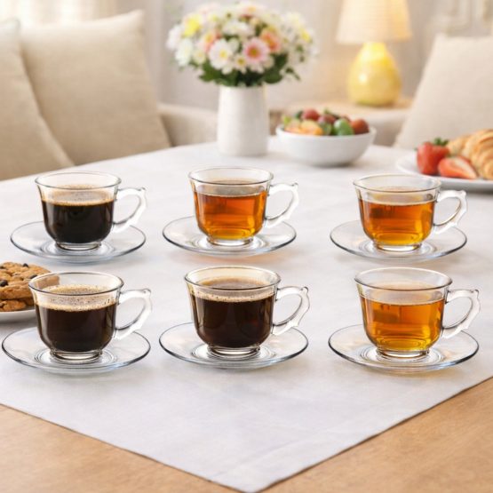 Juego de 6 tazas con platillos de vidrio 240ml