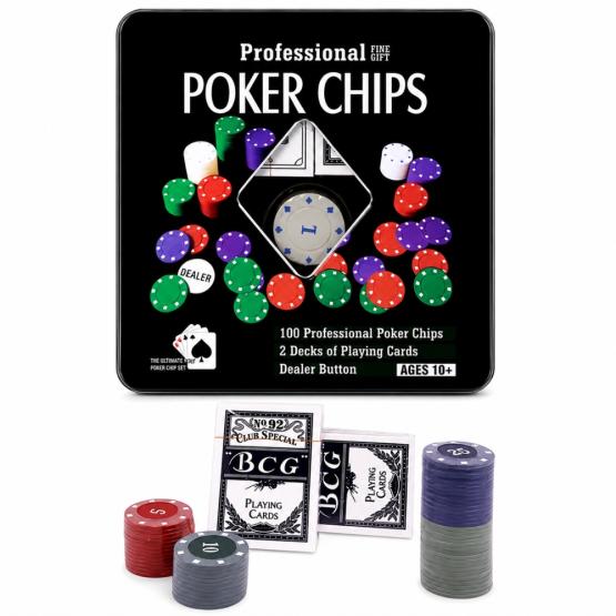 Náipes poker con fichas x100 en lata