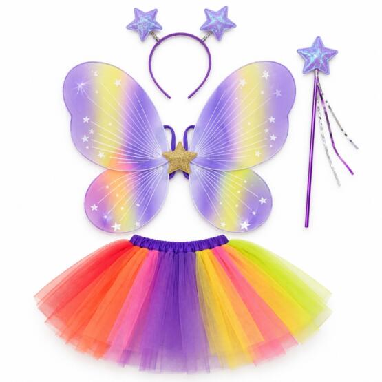 Disfraz pollera tul c/tiara, alas y varita multicolor